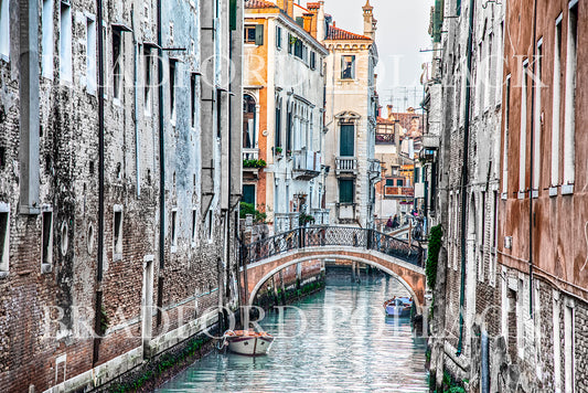 Venice Italy Calm Canal and Brisk Walkers Crossing a Bridge Art Print