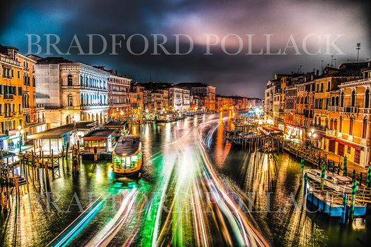 Venice Italy Warm Night Passing Boats Rialto Bridge View Art Print