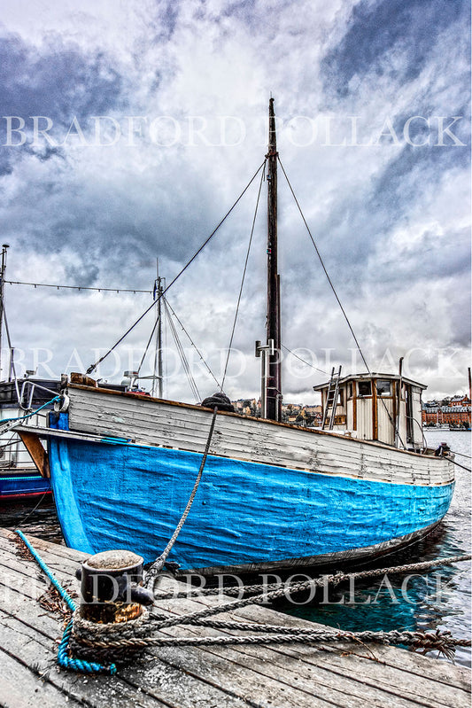 Stockholm Sweden Blue Wooden Boat and Nautical Ropes Print