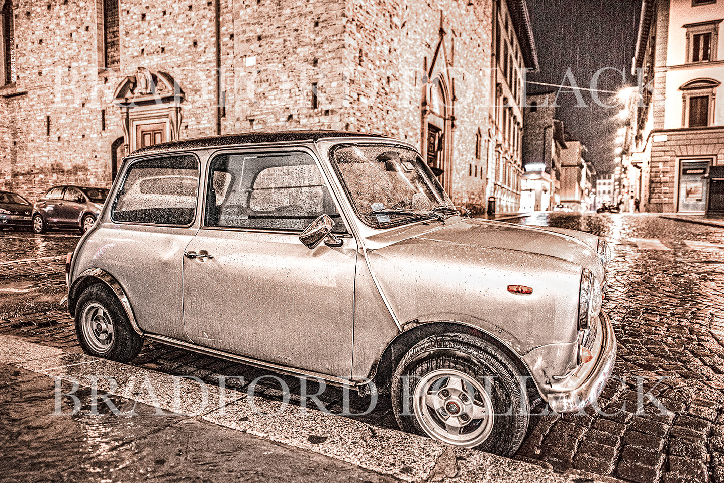 Mini Cooper Rainy Night Florence Italy Classic Car Art Print