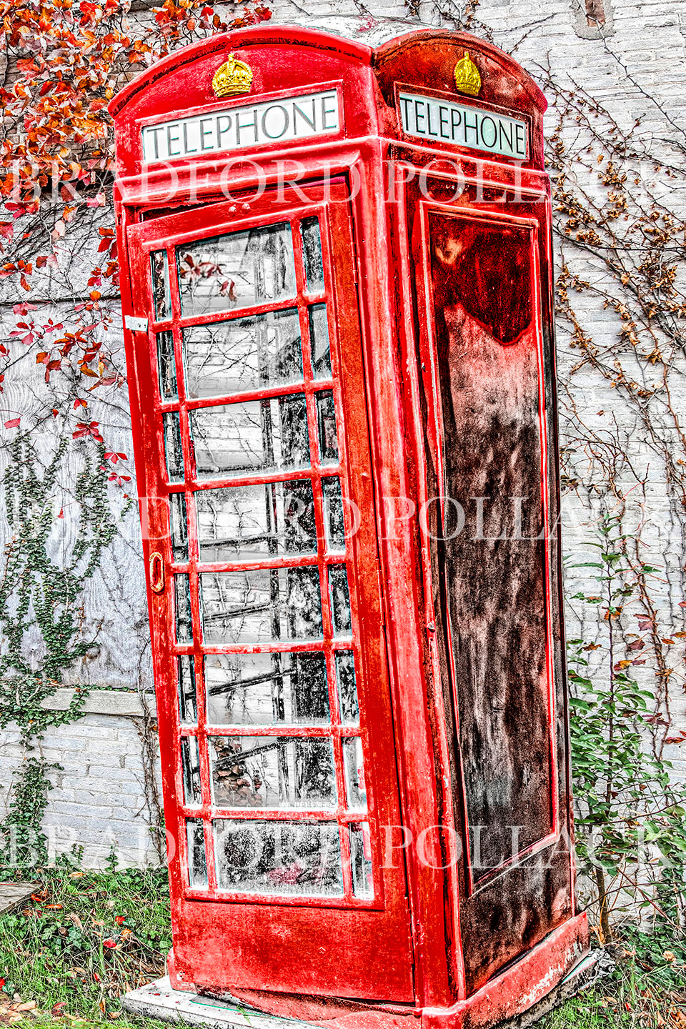 London Phone Booth Vintage Rustic Bricks and Vines Fine Art Photography Print